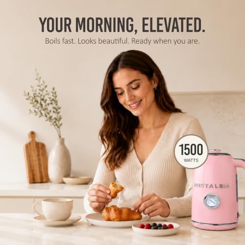 Nostalgia Pink Retro Electric Kettle 1.7L Enamel-Coated Stainless Steel