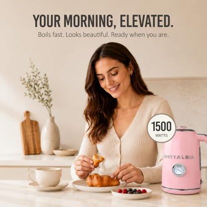 Nostalgia Pink Retro Electric Kettle 1.7L Enamel-Coated Stainless Steel