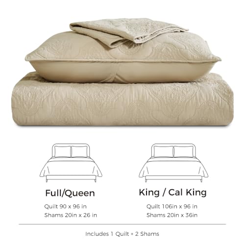 Beige King Size Cotton Quilt Set - 3PC Bedspread with Shams