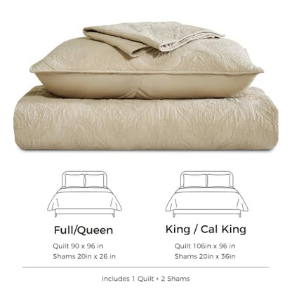 Beige King Size Cotton Quilt Set - 3PC Bedspread with Shams