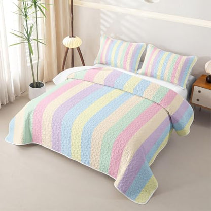 Manfei Colorful Striped Quilted Coverlet Set Twin Size - Microfiber Lightweight Bedding for Kids & Girls, Dreamy Rainbow Lines, 2 Pieces with Pillow Sham