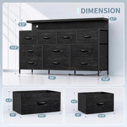 DurayLoly 55" Dresser with LED Ambient Light, 10-Drawer w/ Charging Station - Black
