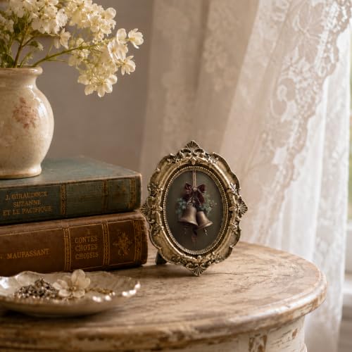 Vintage Small Oval Picture Frame 3.9x4.7 Inches with Jingle Bells Accent