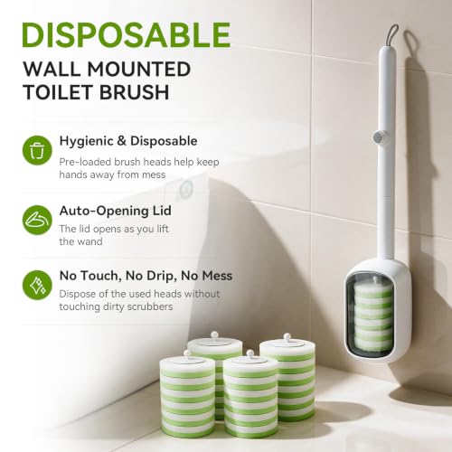 Disposable Toilet Brush Holder with 24 Pre-Loaded Refills - Space-Saving Wall Mount