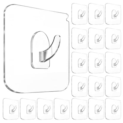 Heavy Duty Waterproof Adhesive Hooks 22 LB Max No Drill Reusable Clear Wall Hooks - 20 Pack