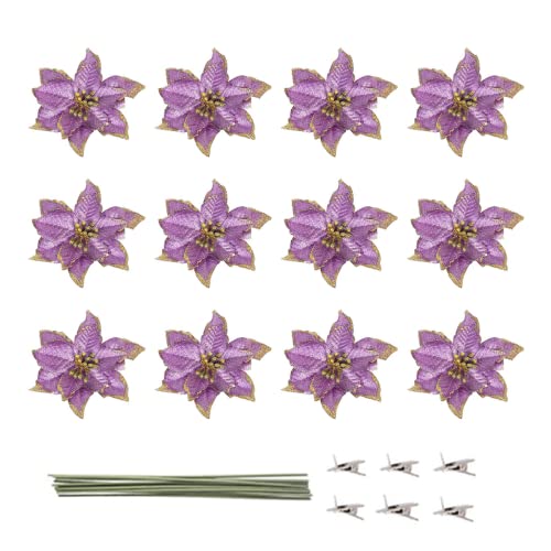 Christmas Glitter Poinsettia Ornaments Pack of 12 - Purple Holiday Tree Decorations