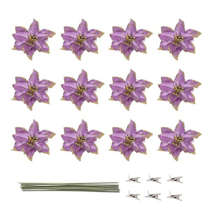 Christmas Glitter Poinsettia Ornaments Pack of 12 - Purple Holiday Tree Decorations