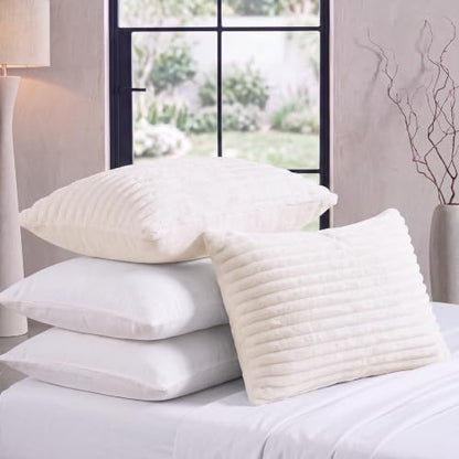 Queen Size Faux Fur Pillowcases Set of 2 - Ivory White Plush Pillow Covers