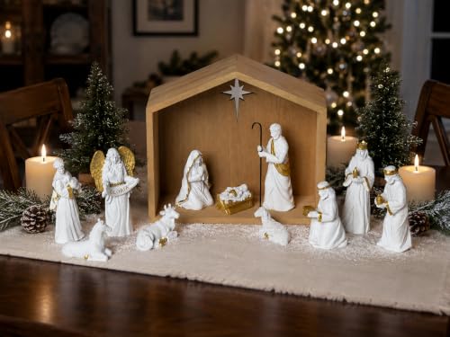 White 12-Piece Nativity Scene Set with Wooden Stable - Religious Holiday Decor