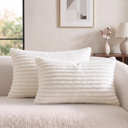 Queen Size Faux Fur Pillowcases Set of 2 - Ivory White Plush Pillow Covers