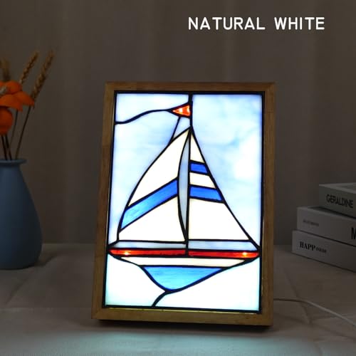 Tiffany Style Nautical Sailboat Photo Frame Lamp Night Light - Blue Sea Design, USB Powered, 3 Lighting Modes, Dimming