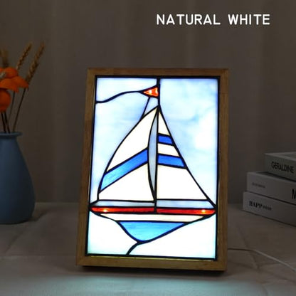 Tiffany Style Nautical Sailboat Photo Frame Lamp Night Light - Blue Sea Design, USB Powered, 3 Lighting Modes, Dimming