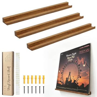 Brown Vinyl Record Wall Shelf Set - 3 Pieces Rubberwood Record Holders