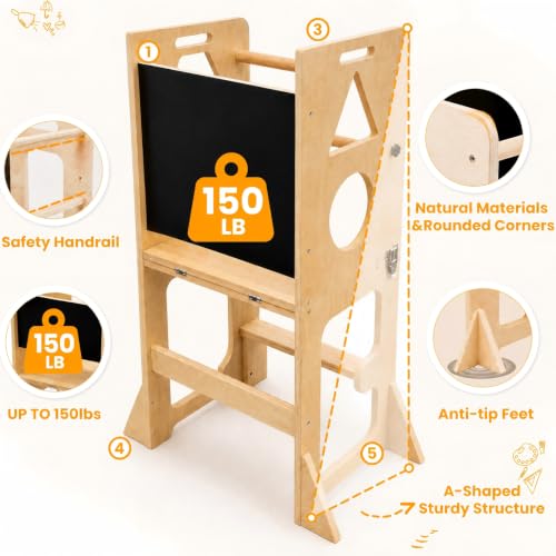 4-in-1 Toddler Standing Tower with Blackboard and Safety Bar - Kids Learning Stool