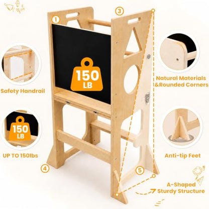 4-in-1 Toddler Standing Tower with Blackboard and Safety Bar - Kids Learning Stool