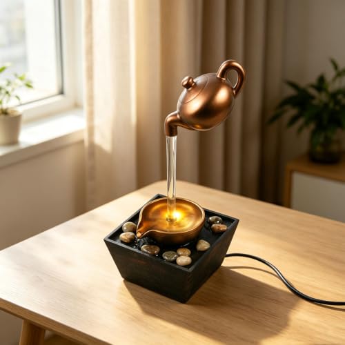 Bronze Floating Teapot Water Fountain with LED Lights - Home Decor