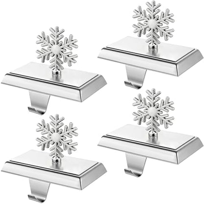 Silver Metal Christmas Stocking Holders Set of 4 - Heavy Duty Snowflake Mantle Decor