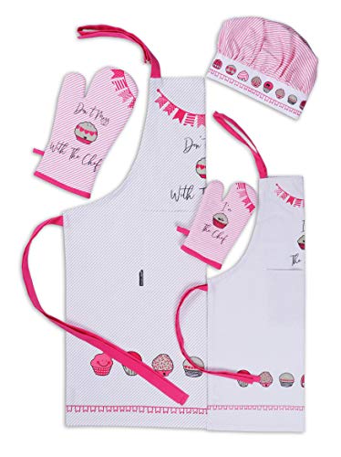 AMOUR INFINI Cupcakes Baking 5-Piece Kitchen Set | Cotton Women's Aprons and Oven Mitts,Kid's Aprons, Oven Mitts, and Chef Hats