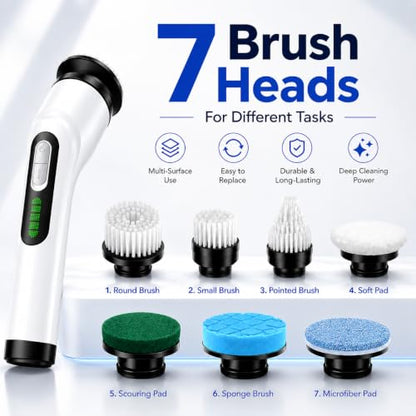 Highyes White Electric Spin Scrubber for Bathroom Cleaning with 7 Brush Heads & Extendable Handle