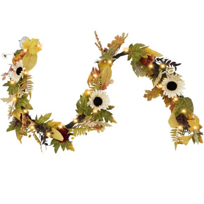 6FT Fall Garland with Lights Sunflower Pumpkin Berry Pinecone Decor for Autumn