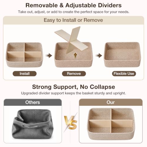 Small Woven Storage Baskets 3 Pack - Mix Brown, Foldable & Divided