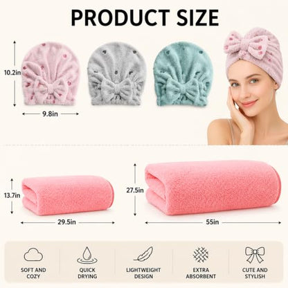 3 Pack Bow Hair Towel Wraps for Women - Quick Dry Absorbent Hair Towels