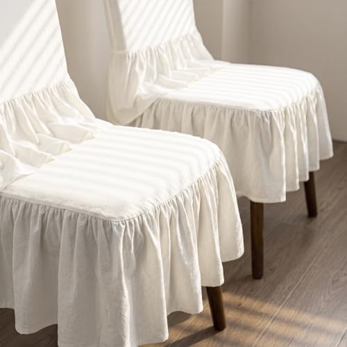 White Ruffled Chair Cover Set with Seat Cushion | Linen Dining Chair Slipcover