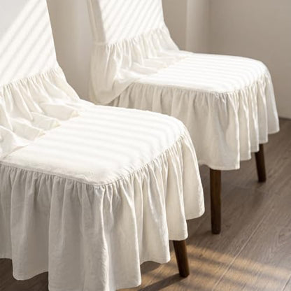 White Ruffled Chair Cover Set with Seat Cushion | Linen Dining Chair Slipcover
