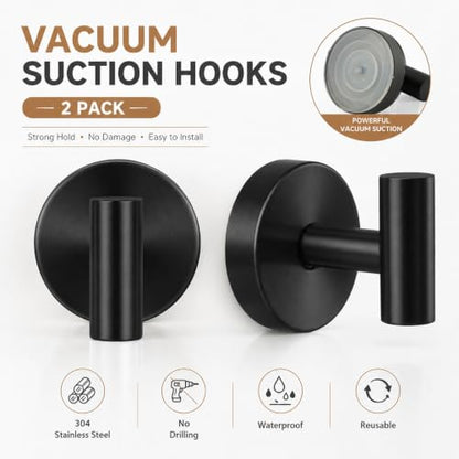 Black Suction Cup Towel Hooks for Shower No Drill Removable 2 Pack