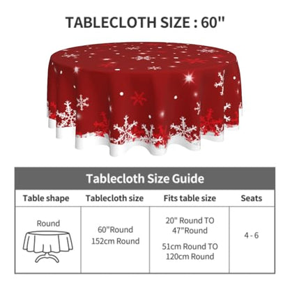White Red Snowflake Christmas Round Tablecloth 60 Inch Water Resistant Fabric
