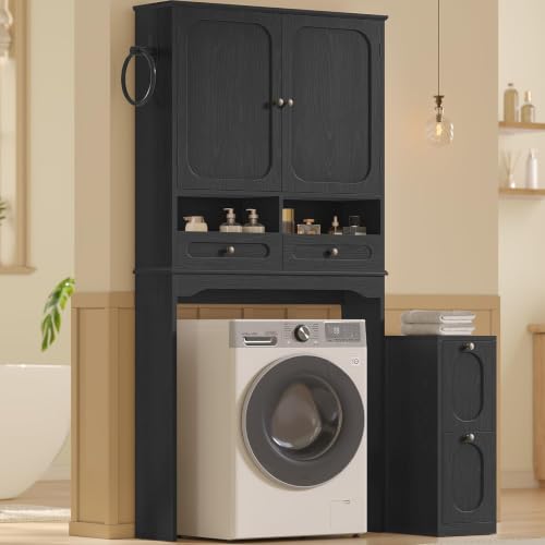 Black Over Toilet Storage Cabinet with Mobile Cart - Bathroom Organizer
