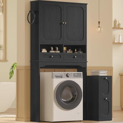 Black Over Toilet Storage Cabinet with Mobile Cart - Bathroom Organizer