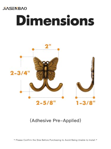 2 Pack Antique Brass Butterfly Adhesive Coat Hooks - No Drill Wall Mount