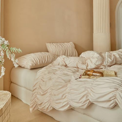 Twin Size Khaki Ruched Duvet Cover - Microfiber Bedding with Elegant Gathered Texture