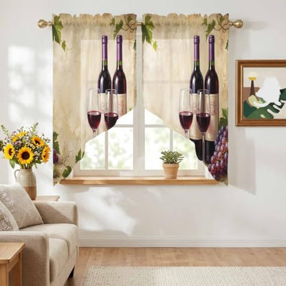 Red Wine Swag Curtains Set with 2 Panels - Burgundy, Moss, Brown, Merlot - 36W x 45L, Rustic Farmhouse Style