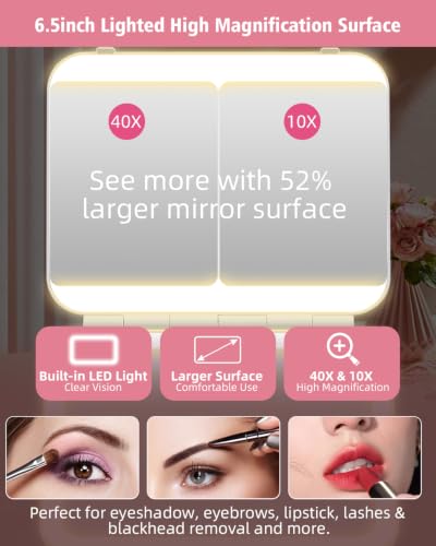 Large Lighted Makeup Mirror with 10X & 40X Magnification & LED Lights