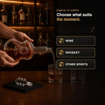Guitar-Shaped Whiskey Decanter 1000ML Glass Spirit Bottle with Mahogany Base