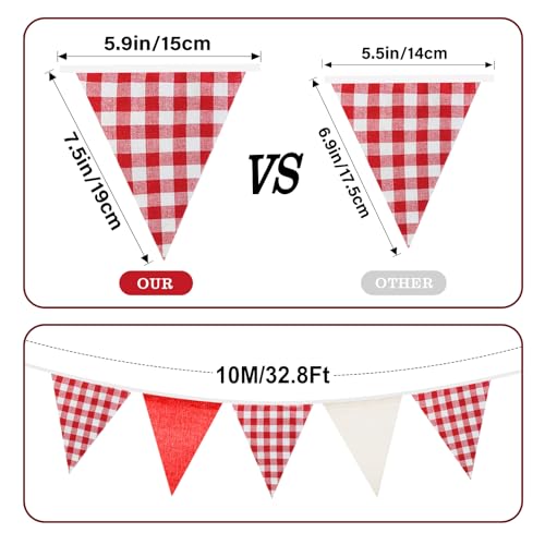 Red & White Triangle Bunting Banner - 32Ft Gingham Fabric Party Decor