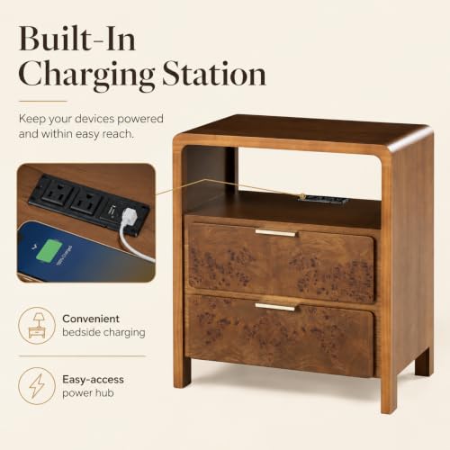 Burl Finish Nightstand with USB-C & 2 AC Outlets, 2-Drawer Bedside Table - Brown