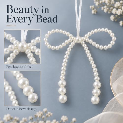 6 Pack White Pearl Bow Christmas Tree Ornaments - 4.7 Inch Holiday Decor