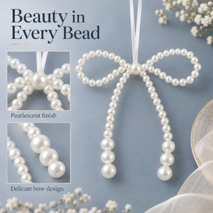 6 Pack White Pearl Bow Christmas Tree Ornaments - 4.7 Inch Holiday Decor