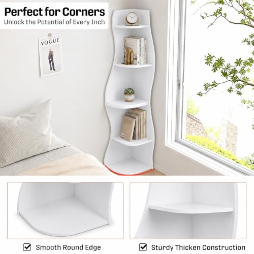 5‑Tier S‑Shaped Corner Shelf White Freestanding Curved Display Rack