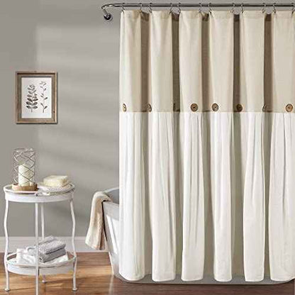Lush Decor Linen Button Shower Curtain, 72" W x 72" L, Linen - Neural Shower Curtain Fabric - Bathroom Curtain - Farmhouse Bathroom Decor