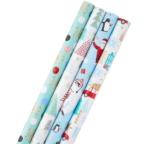Christmas Wrapping Paper Bundle with Quirky Holiday Designs, 4 Rolls with Cut Lines, Blue, Gold, Yeti, Santa, Penguin
