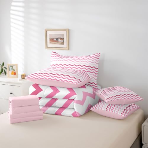 Pink Gradient Chevron Kids Comforter Set King Size 7 Pieces - Hot Pink White