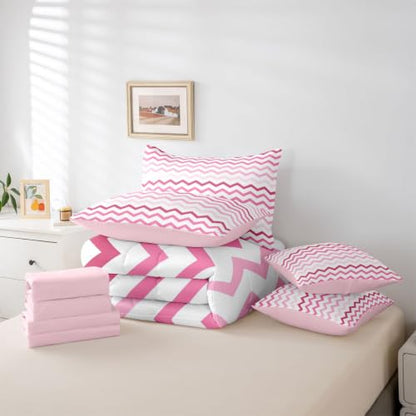 Pink Gradient Chevron Kids Comforter Set King Size 7 Pieces - Hot Pink White