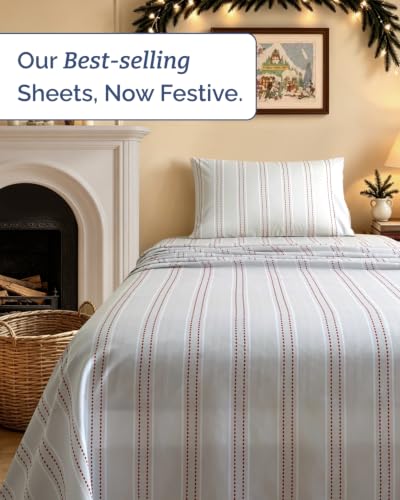 Christmas Sheet Set - Holiday Red Dot Stripe Bedding - Twin Size