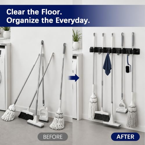 Stainless Steel Wall Mount Broom and Mop Holder with Hooks