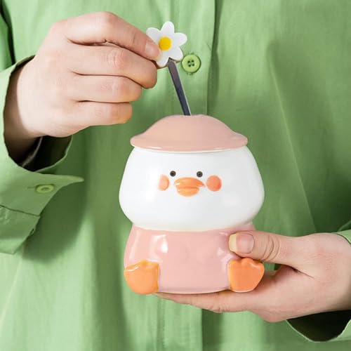 Pink Duck Coffee Mug with Hat Lid and Flower Spoon - Cute 3D Ceramic Drinkware