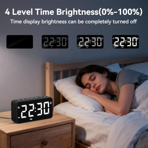 Black Rechargeable Alarm Clock with Dual Alarm & Memory Function for Bedroom & Living Room — Kids & Adults